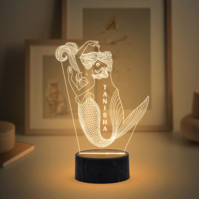 3D Mermaid Night Light with Warm White Color Customized with Name Gift for Kids, Girls room Decor